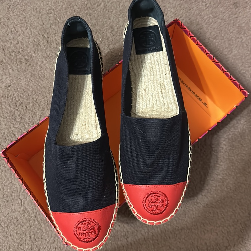 Tory Burch Recycled Canvas Leather Navy Red Color Block Espadrille Shoes - Picture 14 of 15